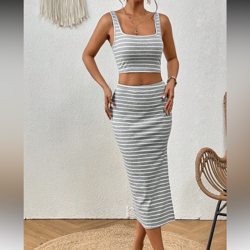 Striped Crop Top & Midi Bodycon Skirt Set